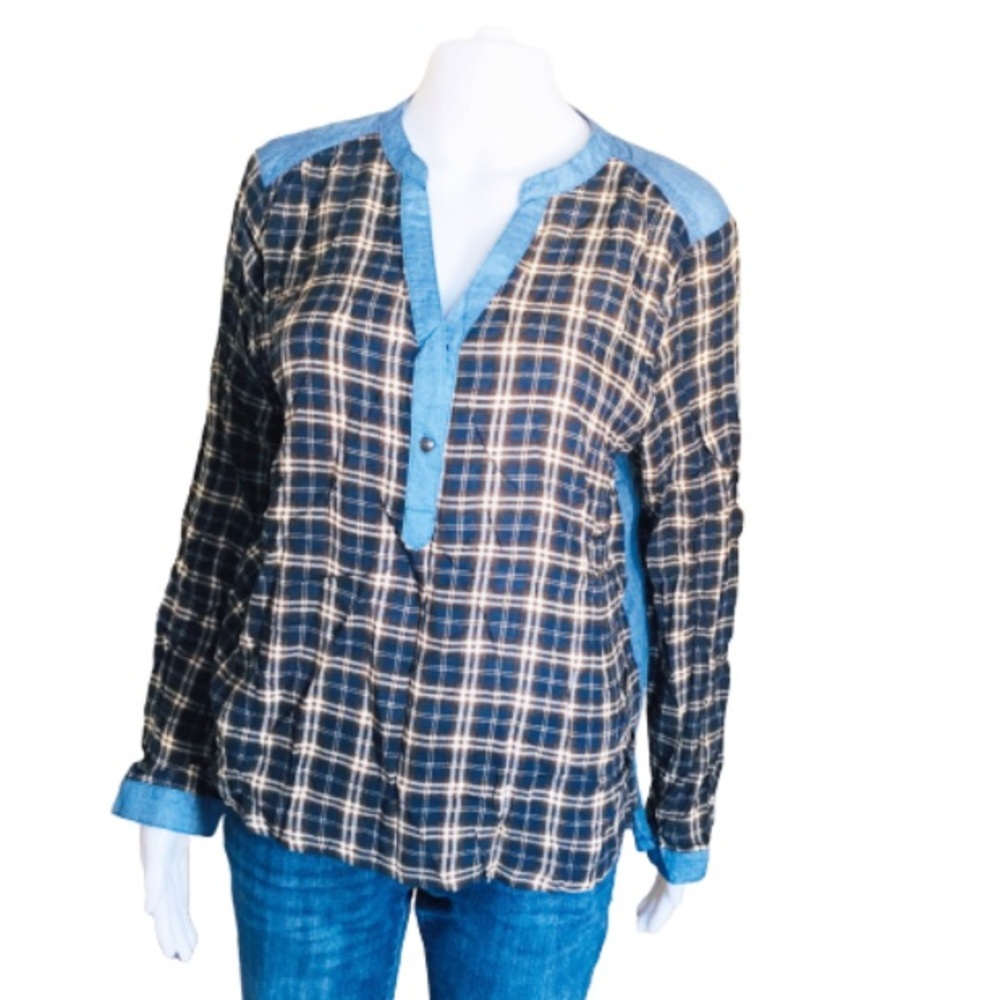 EN CREME (Anthropologie) Mixed Media Denim/Plaid Top/Shirt Jean Blue Size Large